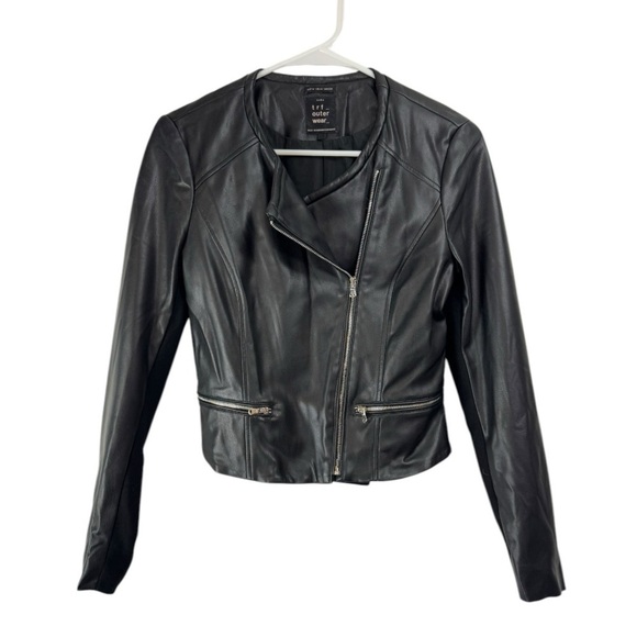 Zara Trf Size Small Black Faux Leather Moto Biker Jacket Zip Stretch Sleeves - Picture 1 of 10